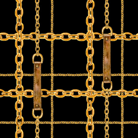 Golden chain, belt glamour seamless pattern. Watercolor hand drawn fashion texture with different...