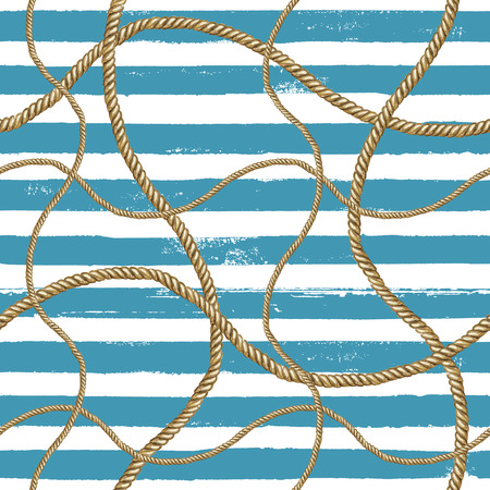 Seamless pattern sea nautical illustration. Watercolor hand drawn fashion texture with ropes on grunge stripe blue and white background. Watercolour print for textile, fabric, wrapping, wallpaper.の写真素材