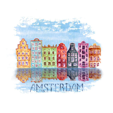Amsterdam city illustration with watercolor hand painted old european houses and reflections in water on blue teal stain isolated on white background. Watercolour greeting card with lettering.の写真素材