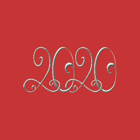 Lettering of 2020. Hand drawn brush stroke silver 3d calligraphy text 2020 isolated on red background. Luxury design. Glittering numbers. Concept of Happy New Year.の写真素材