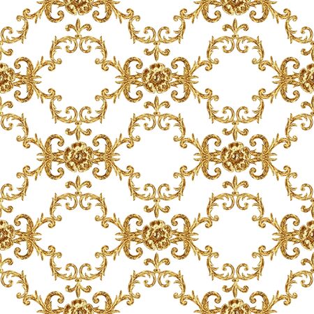 Baroque golden elements ornamental seamless pattern. Watercolor hand drawn gold texture on white...