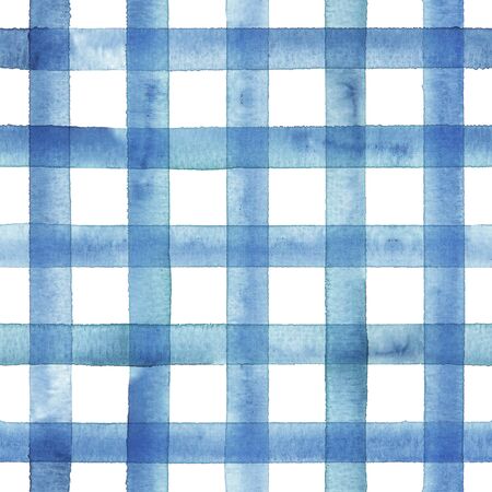 Watercolor stripe gingham plaid seamless pattern. Blue stripes on white background. Watercolour hand drawn striped texture. Print for cloth design, textile, fabric, wallpaper, wrapping, tile.の写真素材