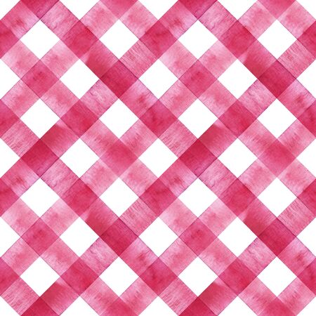 Watercolor diagonal stripe plaid seamless texture. Pink red stripes on white background. Watercolour hand drawn striped pattern. Print for cloth design, textile, fabric, wallpaper, wrapping, tile.の写真素材