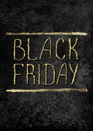 Black Friday sale glitter background. Gold shiny glittering hand drawn lettering on black watercolor texture. Watercolour vertical illustration. Sale logo template for banner, poster, web, flyer, cardの写真素材