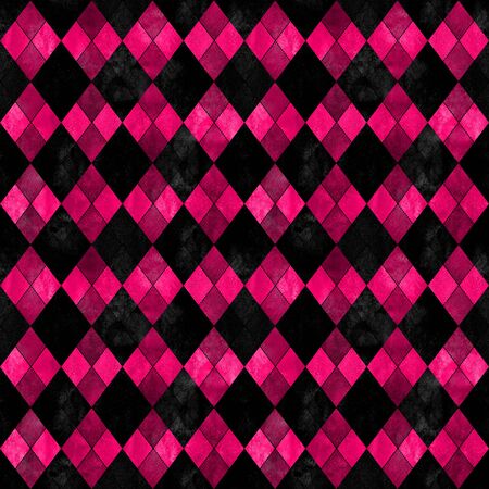 Black and pink argyle seamless plaid pattern. Watercolor hand drawn texture background. Watercolour rhombus shapes background. Print for cloth design, textile, fabric, wallpaper, wrapping, tile.の写真素材