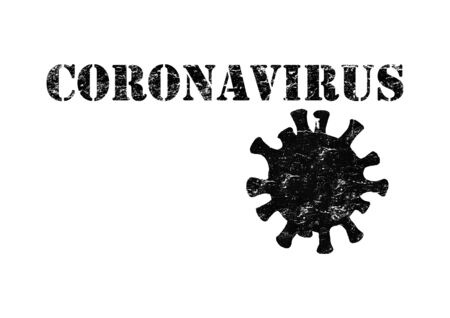 Coronavirus black lettering with hand drawn cell isolated on white background. Dangerous respiratory corona virusの写真素材