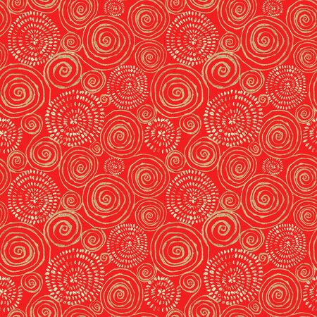 Abstract seamless pattern with 3d golden glittering acrylic paint round spiral circles on red background. Hand drawn glitter spirals endless texture. Print for textile, wallpaper, wrapping paper.の写真素材