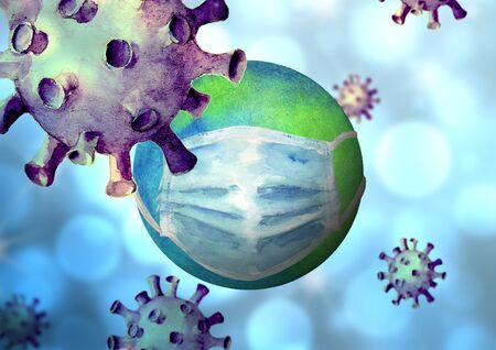 Coronavirus attack Earth with protective face mask. Watercolor hand drawn background with globe and virus  Fight against viruses. Concept of cure search and world protection.の写真素材