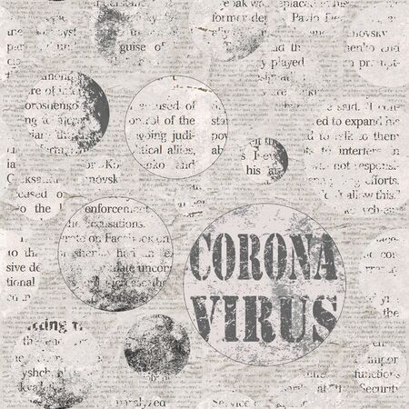 Coronavirus Covid-19 news scratched grunge newspaper old paper background. Blurred newspapers corona virus texture. Grey collage textured page backdrop.の写真素材