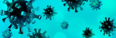 Coronavirus blue teal horizontal background with bokeh effect. Watercolor hand drawn illustration with viruses. Fight against viruses. Concept of cure search and world protection. Space for text.の写真素材