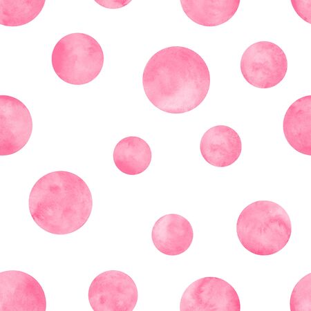 Polka dot pink watercolor seamless pattern. Abstract watercolour background with color circles on white. Hand drawn round shaped texture. Print for textile, wallpaper, wrapping paper.の写真素材
