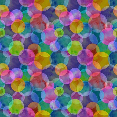 Polka dot multi-colored neon watercolor seamless pattern. Abstract watercolour background with colorful circles on black. Hand drawn round shaped texture. Print for textile, wallpaper, wrapping paper.の写真素材