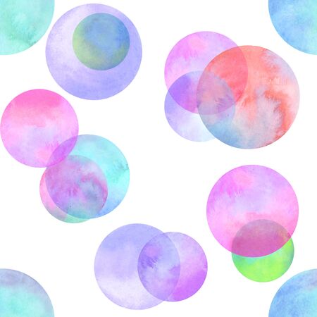 Polka dot multi-colored watercolor seamless pattern. Abstract watercolour background with colorful circles on white. Hand drawn round shaped texture. Print for textile, wallpaper, wrapping paper.の写真素材