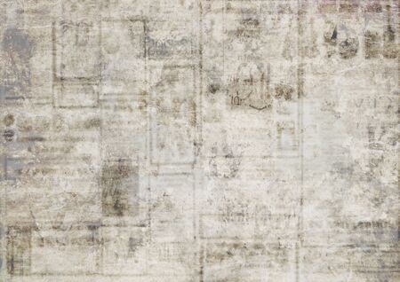 Old newspaper paper grunge texture background. Blurred vintage newspapers textured backdrop. Blur unreadable aged news horizontal page with place for text, images. Sepia gray brown art collage.の写真素材
