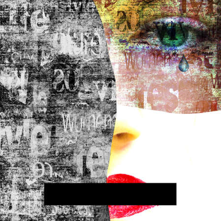 Mixed media. Contemporary art portrait of abused, banned to speak and express opinion, beautiful, crying young woman with green eyes. Psychological violence, abuse in the family. Newspaper texture.の写真素材