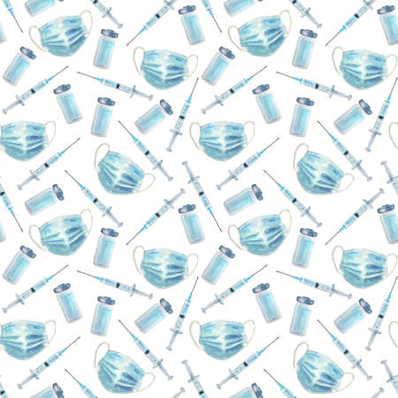 Medical seamless pattern. Watercolor hand drawn medic repeating texture. Face masks, syringes with transparent medicine, glass ampoule vials on white background. Health care and surgical concept.の写真素材