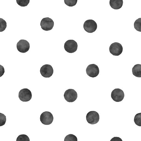 Polka dot black watercolor seamless pattern. Abstract watercolor background with color circles on white. Hand drawn round shaped texture. Print for textile, wallpaper, wrapping paper.の写真素材
