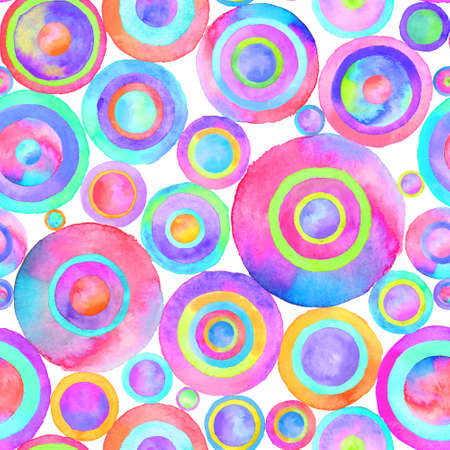 Circles multi-colored watercolor seamless pattern. Abstract watercolor background with colorful circles on white. Hand drawn round shaped texture. Print for textile, wallpaper, wrapping paper.の写真素材