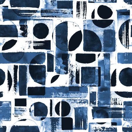 Contemporary art seamless pattern background. Abstract grunge geometric shapes. Watercolor hand drawn indigo circles, rectangles, squares texture. Watercolor print for textile, wallpaper, wrapping.の写真素材