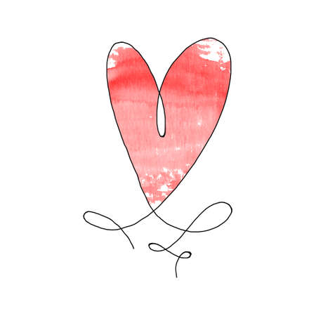 Hand drawn heart with black outline and watercolor red stain isolated on white background. Continuous line in form of heart. One line drawing. Template for t-shirt, poster, banner, greeting card.の写真素材