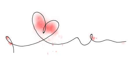 Hand drawn heart with black outline and watercolor red stain isolated on white background....
