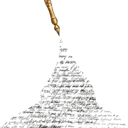 Vintage style fountain pen with spilled ink with black abstract text on white background. Watercolor...