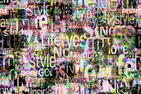 Abstract grunge urban bright colors chaotic pattern with wordsの写真素材