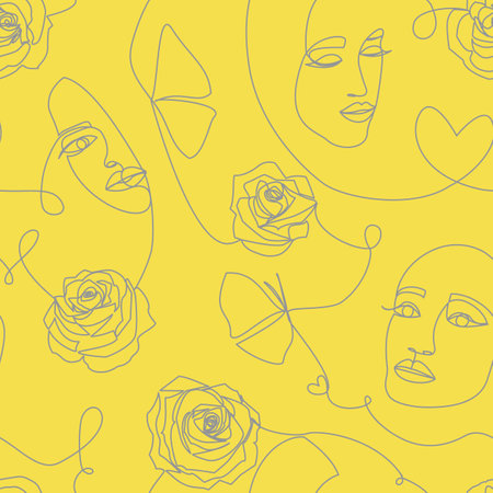 Seamless pattern with women faces, roses flowers and hearts on whiteの写真素材