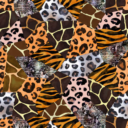 Trendy imitation sewn pieces of fabric in patchwork style. Watercolor hand drawn modern collage seamless pattern. Safary texture with animals print of giraffe, leopard, zebra, snake.の写真素材
