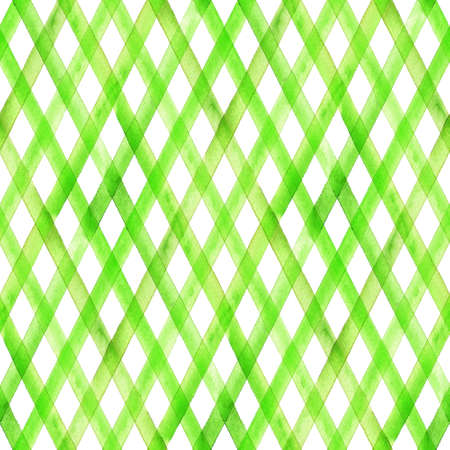 Watercolor stripe diagonal plaid seamless pattern. Green stripes on white background. Watercolor hand drawn striped texture. Print for cloth design, textile, fabric, wallpaper, wrapping, tile.の写真素材