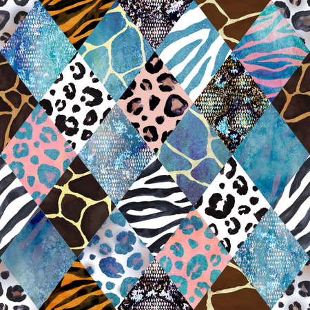 Trendy imitation sewn pieces of fabric in patchwork style. Watercolor hand drawn modern blue brown...