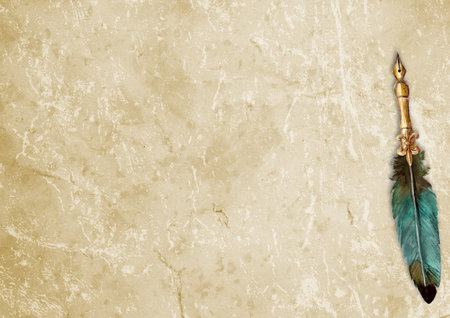 Background in vintage style with old aged yellow brown paper with watercolor hand drawn fountain pen. Grunge old-fashioned retro texture. Faded frame border blank parchment. Space for text, image.の写真素材
