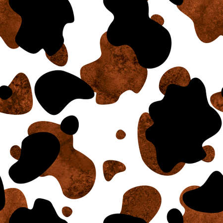 Abstract black white and brown cow spots seamless pattern background. Watercolor hand drawn animal fur skin spotted texture. Watercolor textured print for textile, wallpaper, wrapping paper.の写真素材