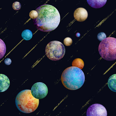 Colorful watercolor planets seamless pattern on dark purple universe background. Watercolor hand drawn abstract planet balls magic illustration. Color abstract geometric round shape sphere texture.の写真素材