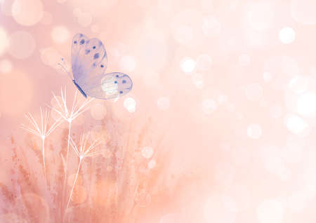 Meadow wild flowers, herbs, grasses horizontal background with colorful butterfly. Watercolor hand drawn botanical illustration with bokeh effect. Watercolor floral herbal backdrop. Space for text.の写真素材