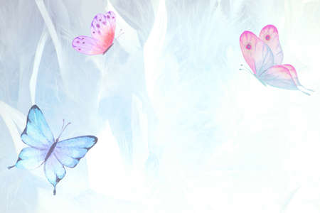 Abstract wedding horizontal butterfly background. Pastel light blue backdrop with colorful butterflies. Watercolor hand drawn illustration. Mixed media art collage. Space for text.の写真素材