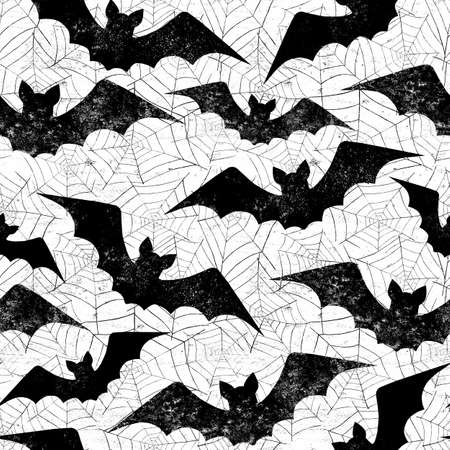 Halloween grunge seamless pattern with black silhouettes of flying bats and spiderweb on white background. Hand drawn texture. Print for fabric, wallpaper, wrapping paper.の写真素材
