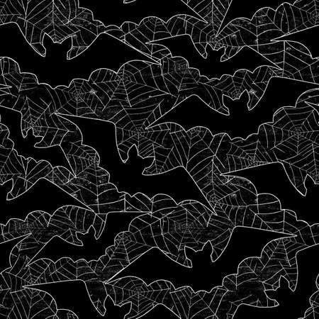 Halloween grunge seamless pattern with white line silhouettes of flying bats and spiderwebs on black background. Hand drawn texture. Print for fabric, wallpaper, wrapping paper.の写真素材