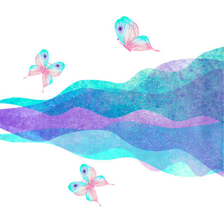 Watercolor transparent wave purple lavender teal blue background. Watercolor hand painted waves with butterflies illustration. Banner frame isolated on white. Grunge color cover. Space for logo, textの写真素材