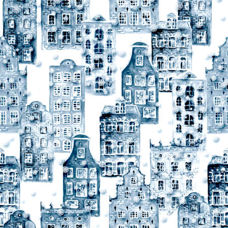 Merry christmas and New Year concept background with snowy winter city. Watercolor old europe houses with snowflakes. Watercolor blue navy color seamless pattern of european amsterdam style buildingsの写真素材