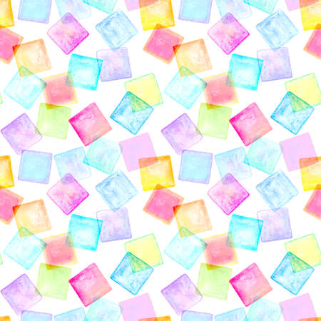 Contemporary art seamless pattern background. Abstract grunge square geometric shapes. Watercolor hand drawn multicolored squares texture. Watercolor print for textile, wallpaper, wrapping paper.の写真素材