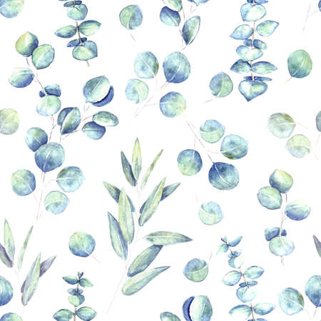 Seamless background with watercolor eucalyptus branches and leaves. Watercolor hand drawn greenery vintage style.pattern. Watercolor illustration. Print for textile, fabric, wallpaper, wrapping paperの写真素材