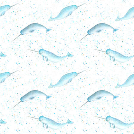 Watercolor blue teal narwhals, paint splashes seamless pattern on white background. Watercolor hand drawn deep sea and ocean unicorn whale illustration. Print or textile, fabric, wallpaper, wrapping.の写真素材