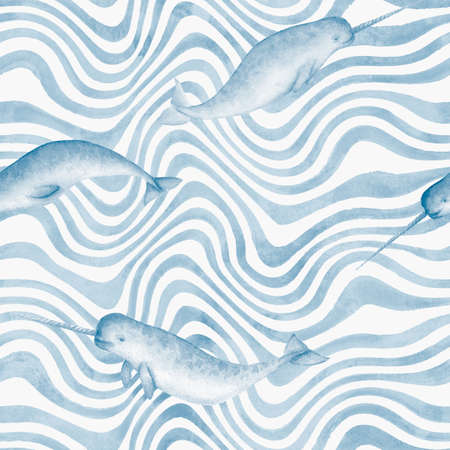 Watercolor blue narwhals wavy stripes seamless pattern on white background. Watercolor hand drawn deep sea and ocean unicorn whale illustration. Print or textile, fabric, wallpaper, wrapping paper.の写真素材
