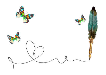 Hand drawn heart with watercolor old-fashioned fountain pen and butterflies isolated on white background. Romantic love sign. Passion, valentine day symbol. Template for poster, banner, greeting card.の写真素材