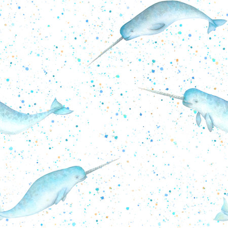 Watercolor blue teal narwhals, paint splashes seamless pattern on white background. Watercolor hand drawn deep sea and ocean unicorn whale illustration. Print or textile, fabric, wallpaper, wrapping.の写真素材