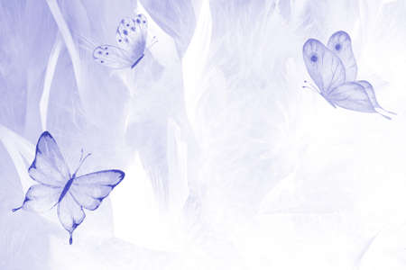 Abstract Very Peri color wedding horizontal butterfly background. Pastel light purple backdrop with butterflies. Watercolor hand drawn illustration. Mixed media art collage. Space for text.の写真素材