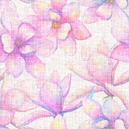Watercolor beautiful magnolia flowers seamless pattern on linen background. Watercolor hand drawn spring botanical illustration. Print for textile, fabric, wallpaper, wrapping paper design.の写真素材