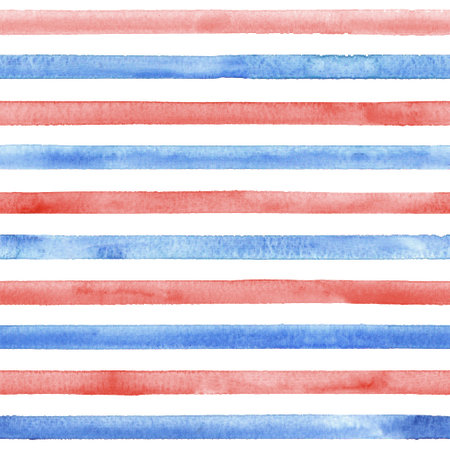 Watercolor red blue stripes on white background. Turquoise and white striped seamless pattern. Watercolor hand drawn stripe texture. Print for cloth design, textile fabric, wallpaper, wrapping, tileの写真素材