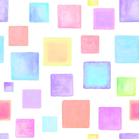Contemporary art seamless pattern background. Abstract grunge square geometric shapes. Watercolor hand drawn multicolored squares texture. Watercolor print for textile, wallpaper, wrapping paper.の写真素材